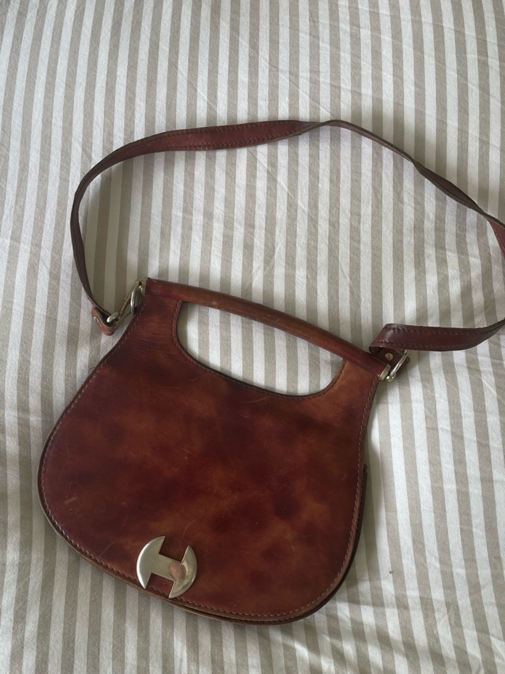 Vintage Brown Leather Shoulder Bag with Silver Hardware from Italy